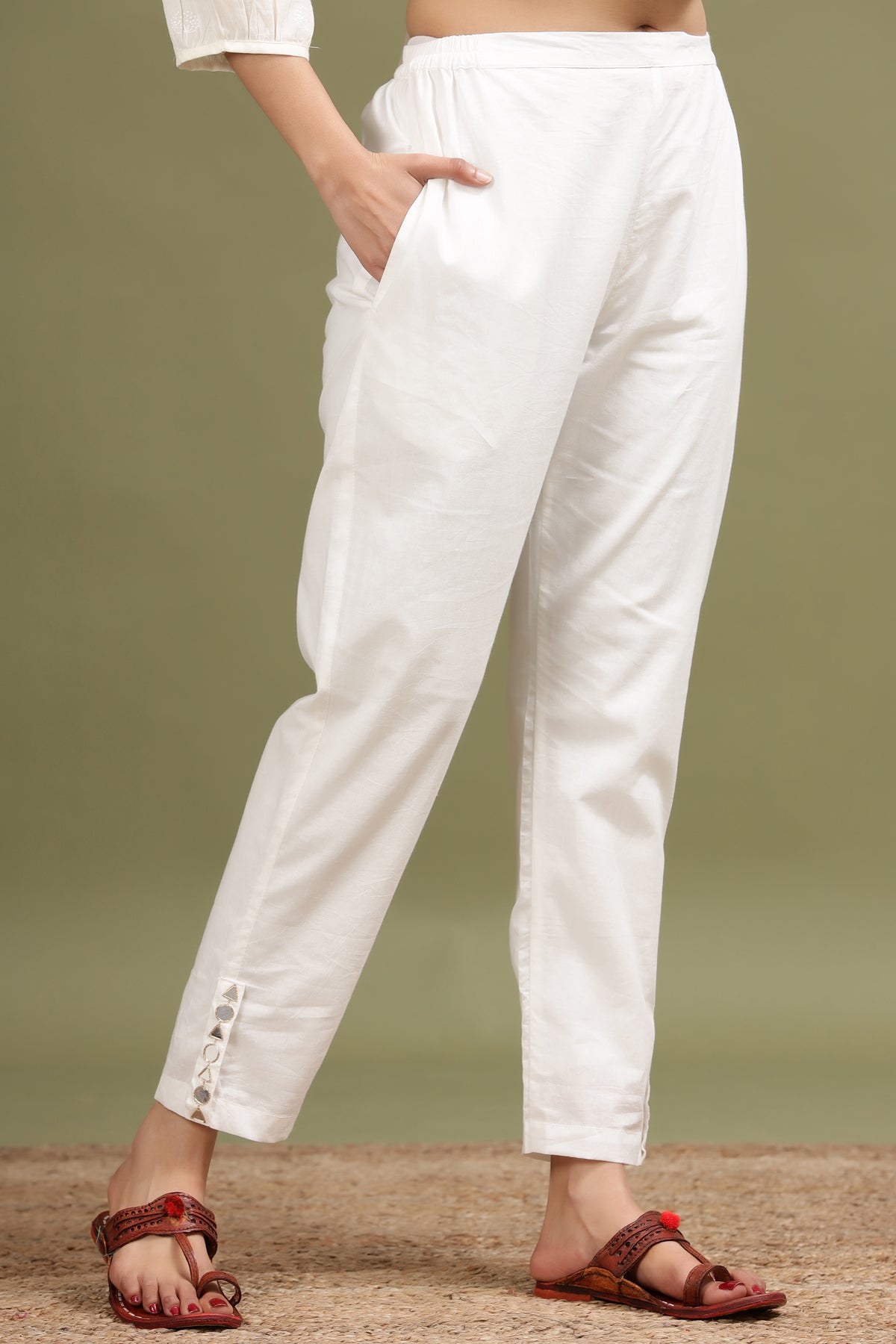 Buy White Mirror Work Straight Pant from  – Mayori Conscious  Clothing