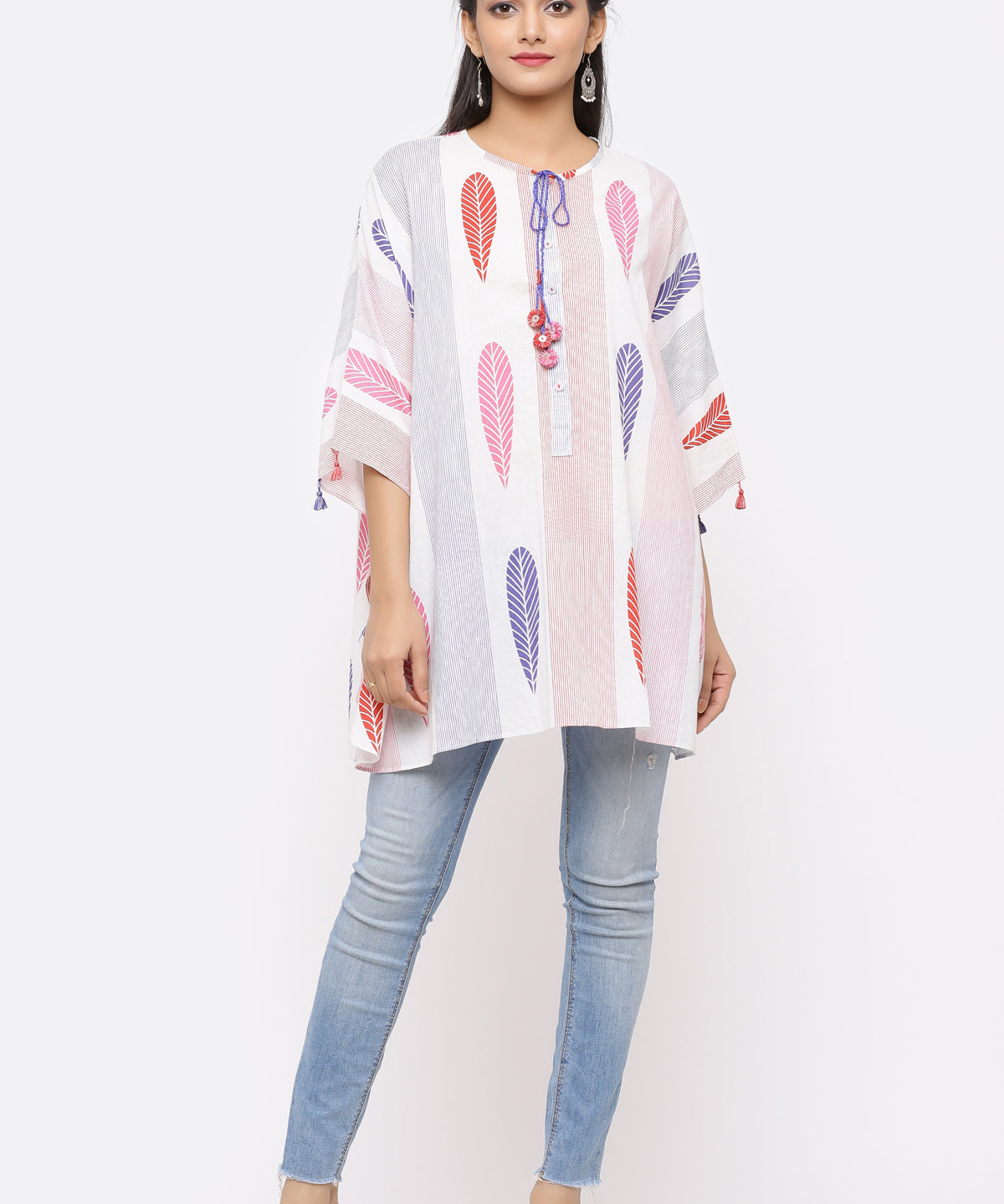 LEAF PRINTED SHORT COTTON KAFTAN