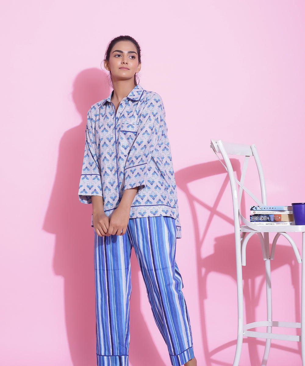 STRIPED PRINT COTTON NIGHTWEAR PYJAMA SET