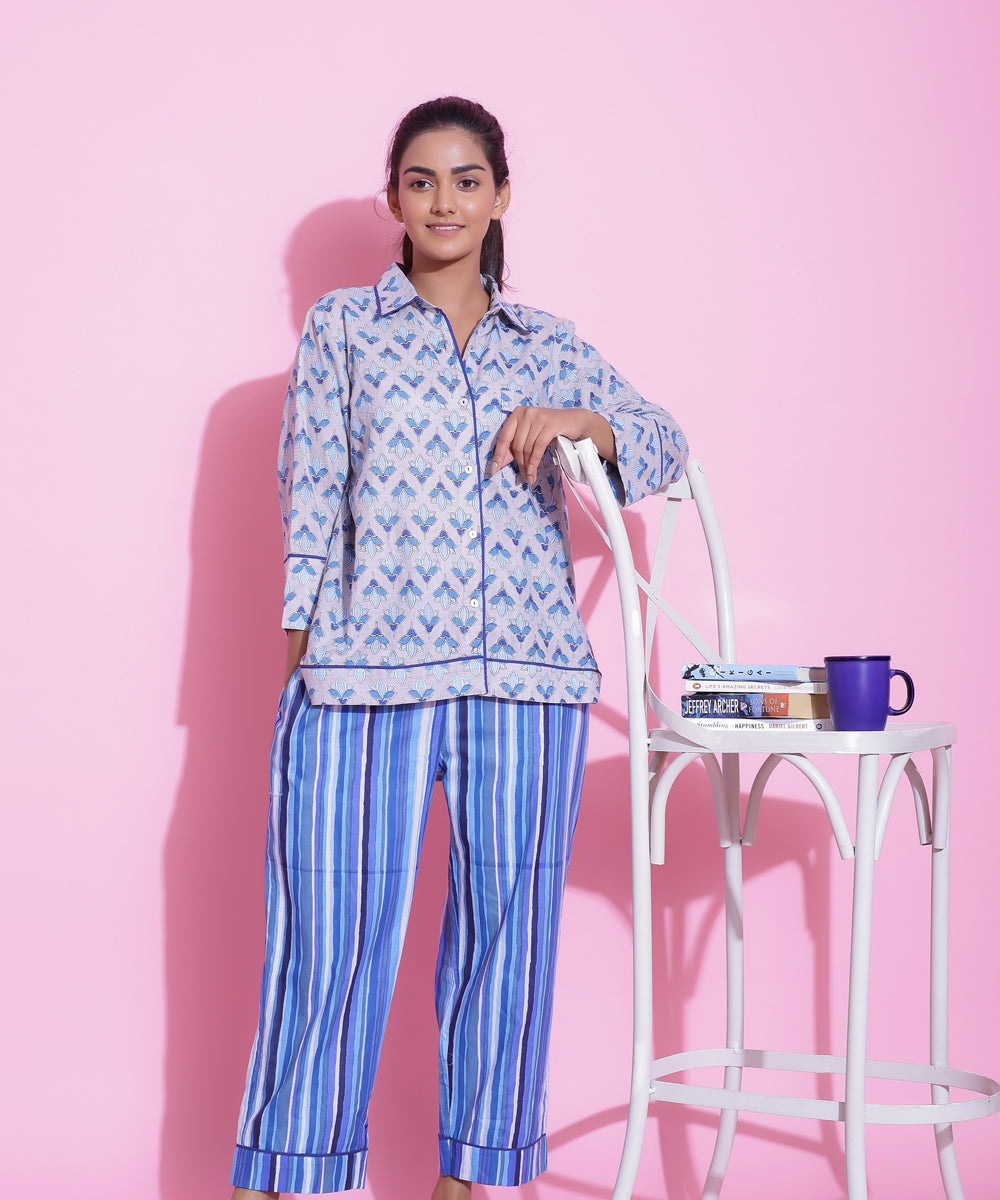 STRIPED PRINT COTTON NIGHTWEAR PYJAMA SET