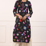 Mayori Black Floral Straight Cotton Kurta