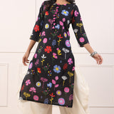 Mayori Black Floral Straight Cotton Kurta