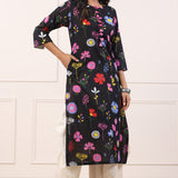 Mayori Black Floral Straight Cotton Kurta