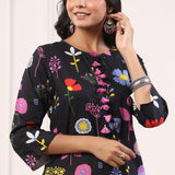 Mayori Black Floral Straight Cotton Kurta