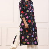 Mayori Black Floral Straight Cotton Kurta