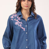 Sakura Floral Embroidery Denim Shirt
