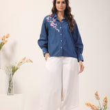 Sakura Floral Embroidery Denim Shirt