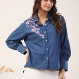 Sakura Floral Embroidery Denim Shirt