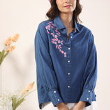 Sakura Floral Embroidery Denim Shirt