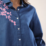 Sakura Floral Embroidery Denim Shirt