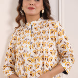 Yellow Printed Pintucked Cotton Tunic