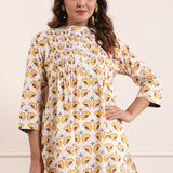 Yellow Printed Pintucked Cotton Tunic