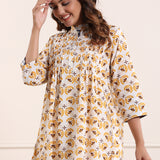 Yellow Printed Pintucked Cotton Tunic