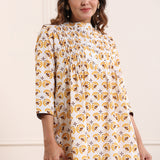 Yellow Printed Pintucked Cotton Tunic