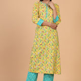 Yellow Floral Printed Cotton Kurta