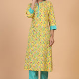 Yellow Floral Printed Cotton Kurta