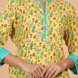 Yellow Floral Printed Cotton Kurta