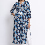 Blue Floral Printed Cotton Straight Kurta