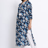 Blue Floral Printed Cotton Straight Kurta