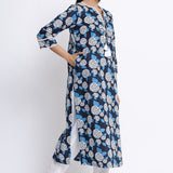 Blue Floral Printed Cotton Straight Kurta