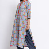 Grey Colour Floral Printed Cotton Kurta