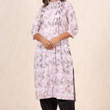 Pink Floral Printed Cotton Pintuck Kurta