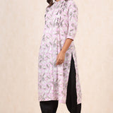 Pink Floral Printed Cotton Pintuck Kurta