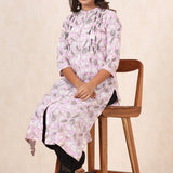 Pink Floral Printed Cotton Pintuck Kurta