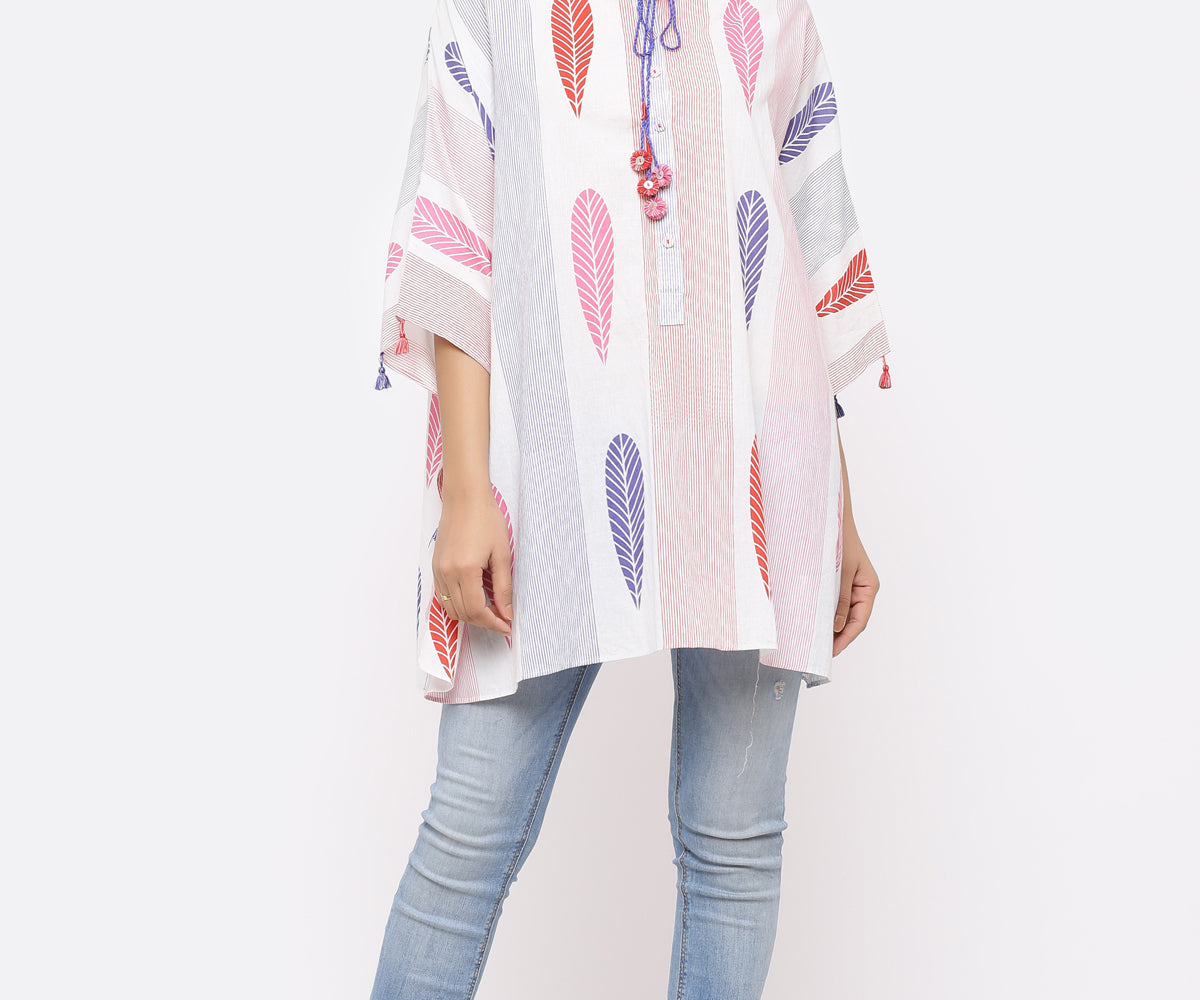 LEAF PRINTED SHORT COTTON KAFTAN