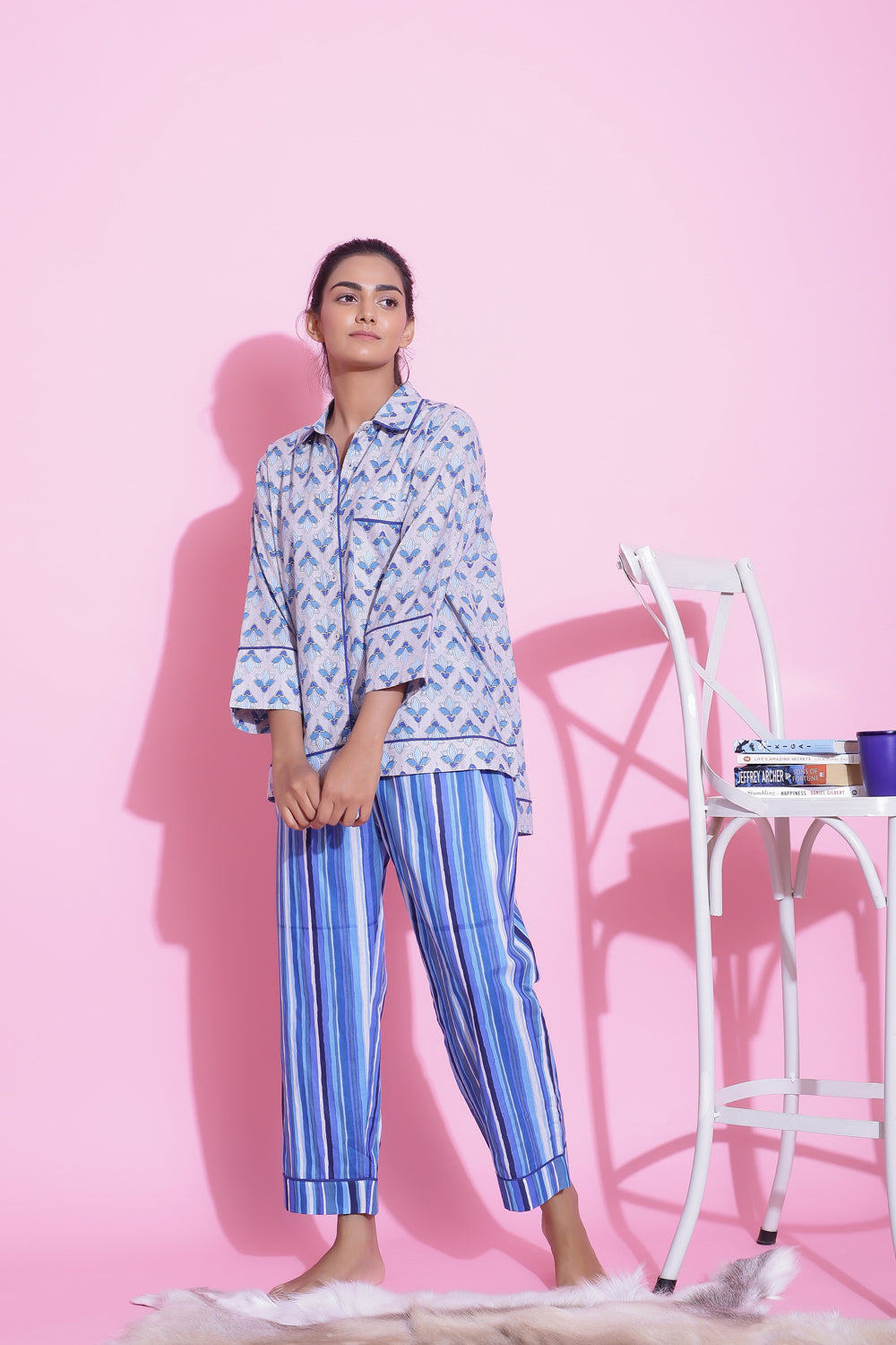 STRIPED PRINT COTTON NIGHTWEAR PYJAMA SET