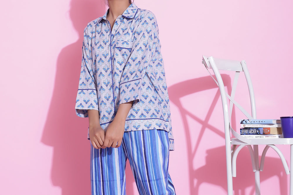 STRIPED PRINT COTTON NIGHTWEAR PYJAMA SET