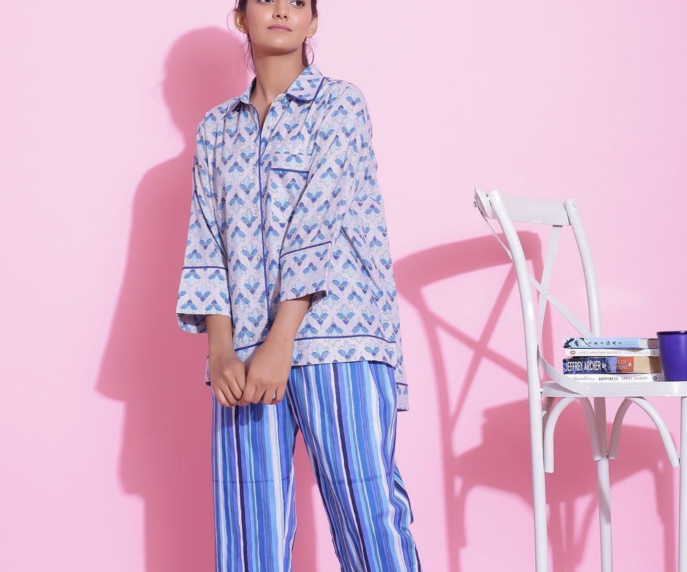 STRIPED PRINT COTTON NIGHTWEAR PYJAMA SET