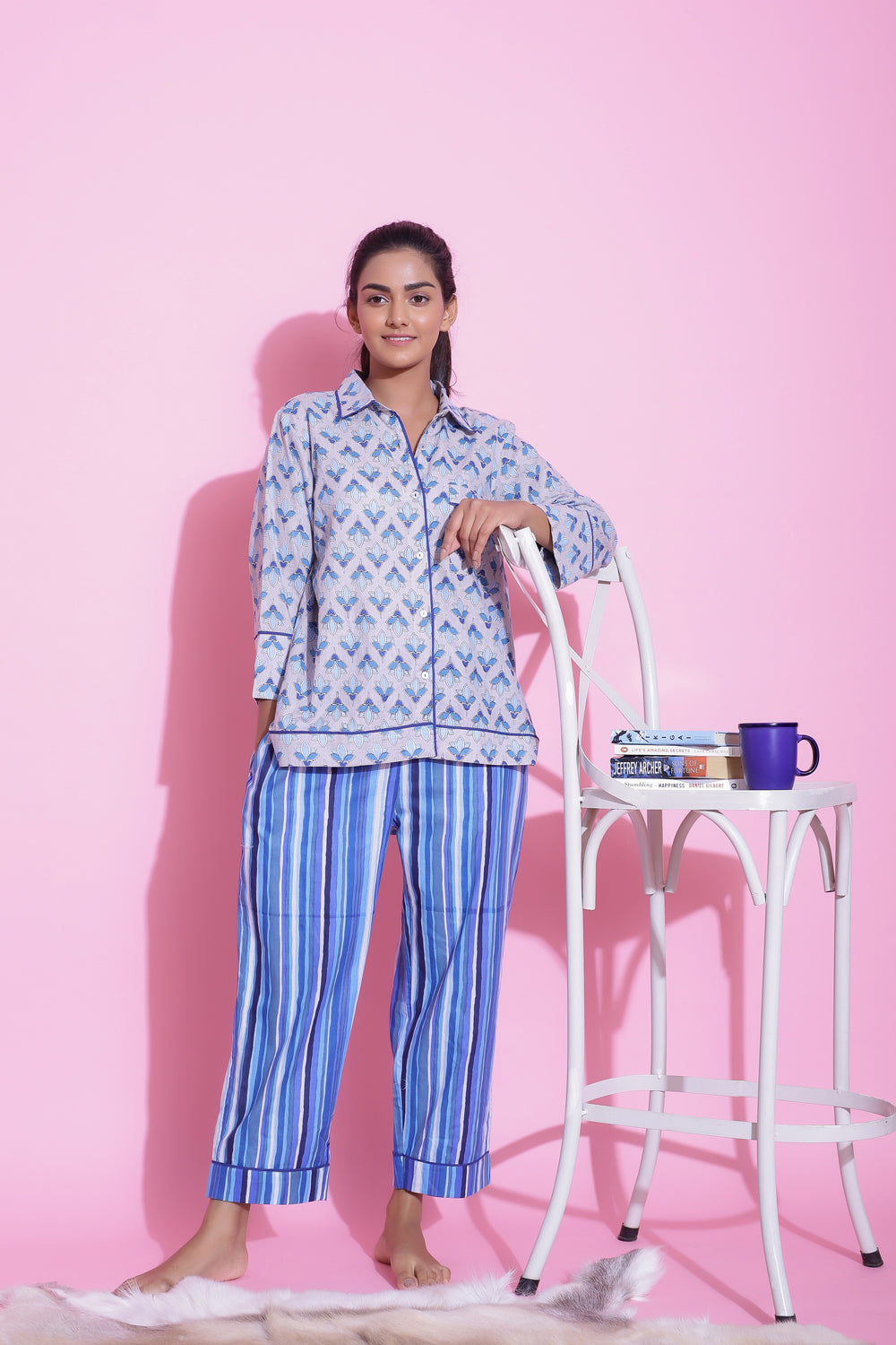 STRIPED PRINT COTTON NIGHTWEAR PYJAMA SET