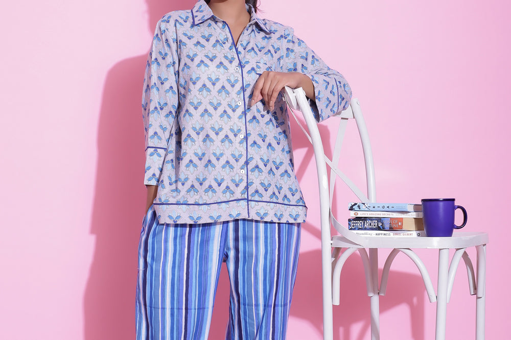 STRIPED PRINT COTTON NIGHTWEAR PYJAMA SET