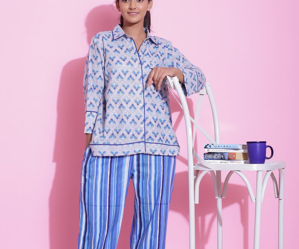 STRIPED PRINT COTTON NIGHTWEAR PYJAMA SET