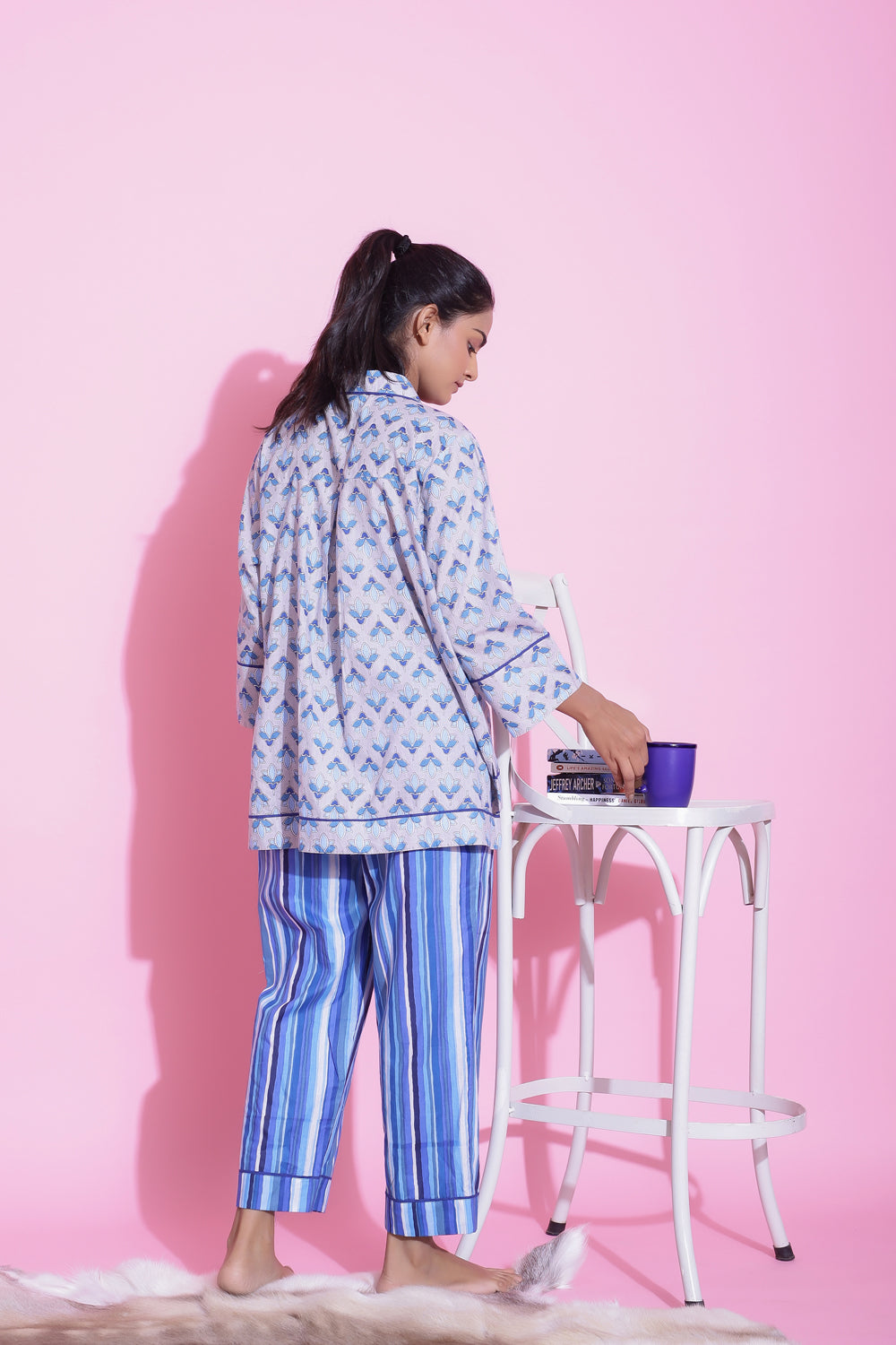STRIPED PRINT COTTON NIGHTWEAR PYJAMA SET