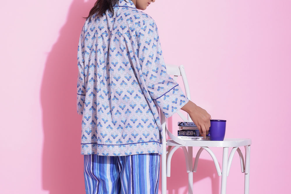 STRIPED PRINT COTTON NIGHTWEAR PYJAMA SET