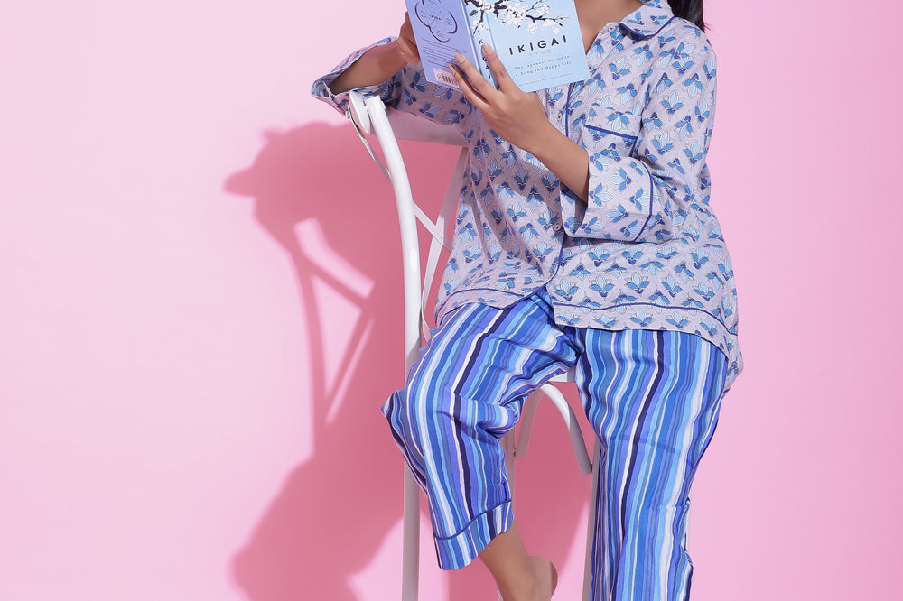STRIPED PRINT COTTON NIGHTWEAR PYJAMA SET