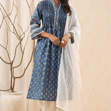 Blue Printed Pintucked Detailing Cotton kurta