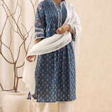 Blue Printed Pintucked Detailing Cotton kurta