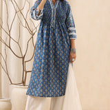 Blue Printed Pintucked Detailing Cotton kurta