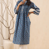 Blue Printed Pintucked Detailing Cotton kurta