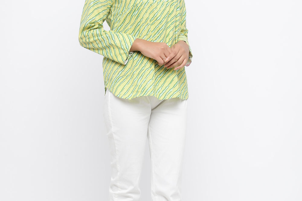 GREEN COLOUR LEHARIYA PRINTED COTTON TUNIC