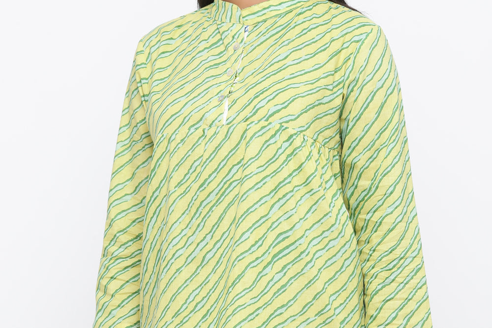 GREEN COLOUR LEHARIYA PRINTED COTTON TUNIC