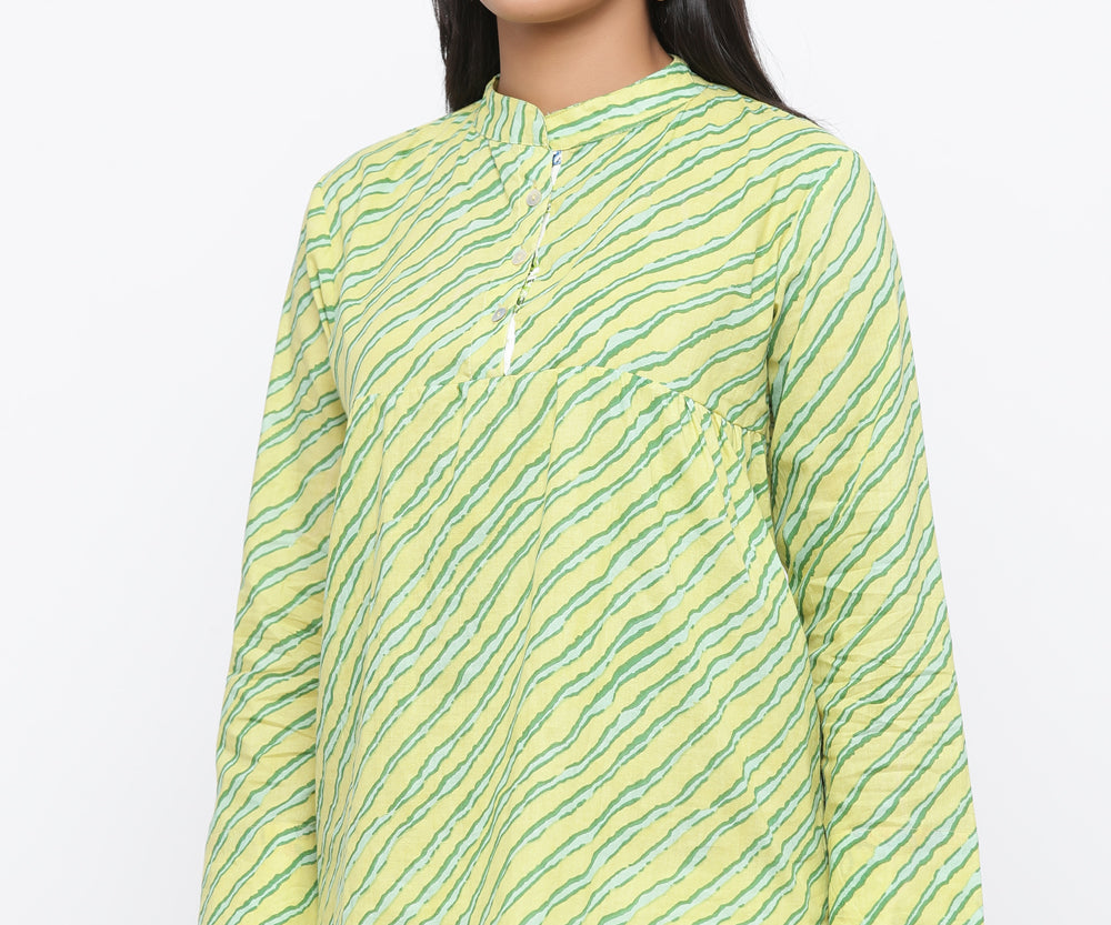 GREEN COLOUR LEHARIYA PRINTED COTTON TUNIC