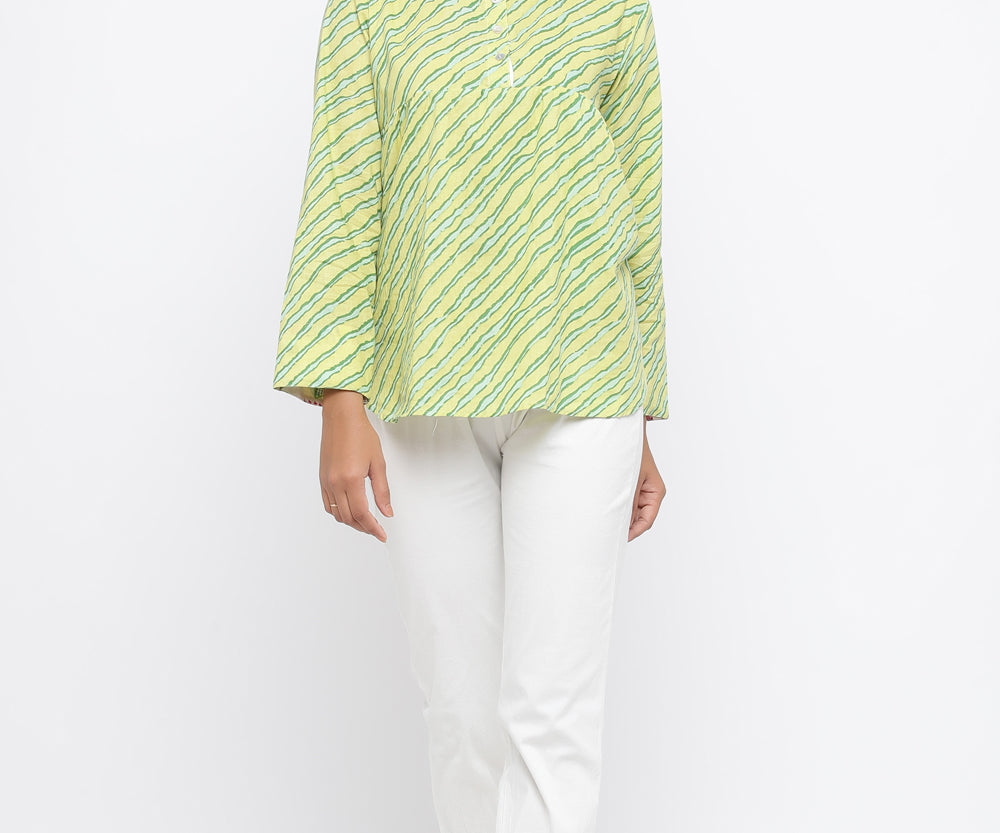 GREEN COLOUR LEHARIYA PRINTED COTTON TUNIC
